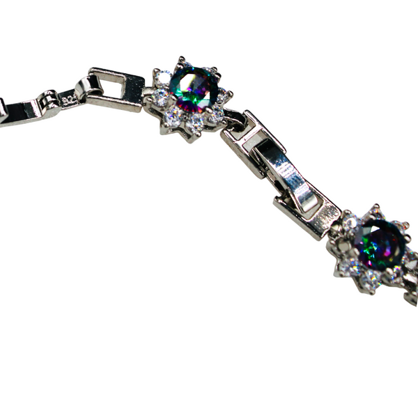 Sterling Silver Rainbow Mystic Topaz Floral Cubic Zirconia Bracelet
