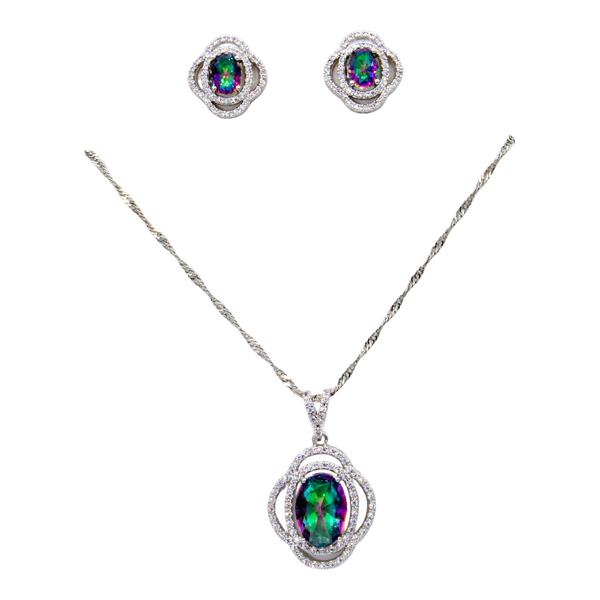 Sterling Silver Oval Mystic Fire Green Topaz Necklace Set