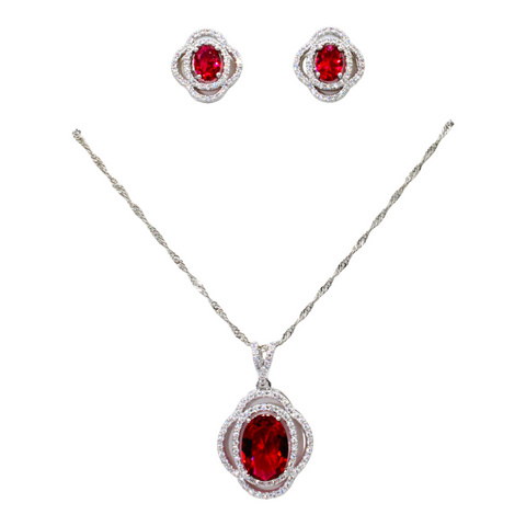Sterling Silver Ruby Red Oval Necklace Set