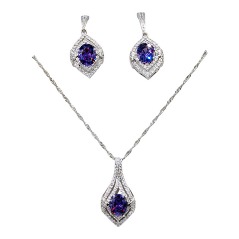 Sterling Silver Amethyst Cubic Zirconia Necklace Set