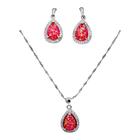 Sterling Silver Pink Opal Necklace Set