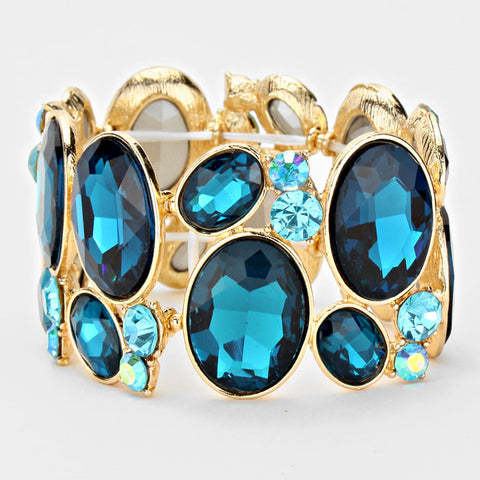 Chunky Indicolite Blue-Light Sapphire Crystal Stretchable Statement Bracelet - Bedazzled By Jeanelle