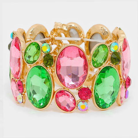 Chunky Rose-Peridot Crystal Stretchable Statement Bracelet - Bedazzled By Jeanelle