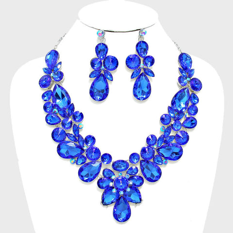 Sapphire Floral Crystal Rhinestone Evening Statement Necklace Set - Bedazzled By Jeanelle