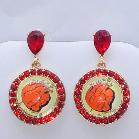Mexican Loteria-El Corazon Ruby Red Earrings