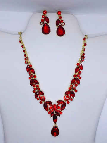 Ruby Red Teardrop Evening Statement Necklace Set