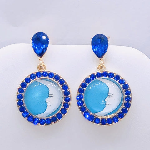 Mexican Loteria-La Luna Sapphire Blue Earrings