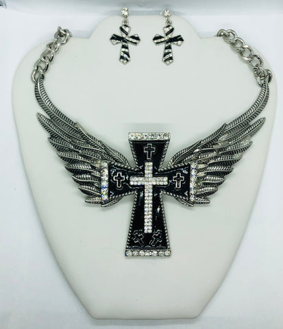 Silver Cross Filigree Necklace Set
