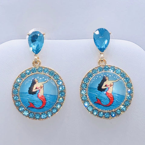 Mexican Loteria-La Sirena Aquamarine Earrings