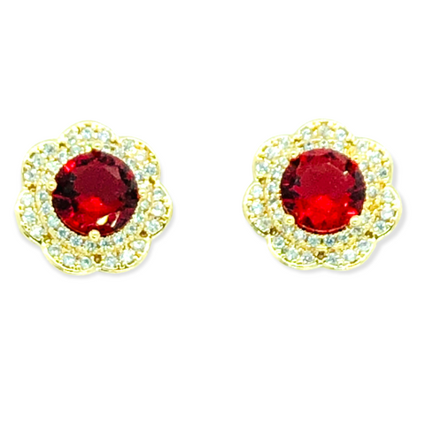 Crystal Cubic Zirconia Ruby Red Floral Stud Earrings