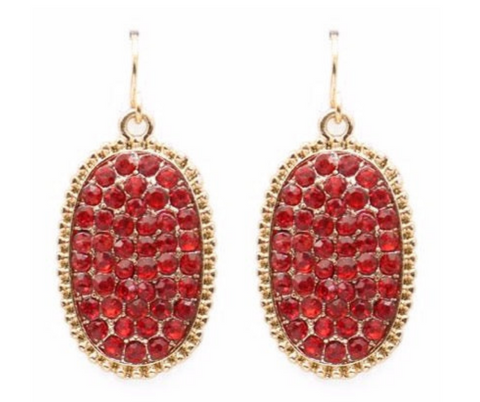 Ruby Red Rhinestone Oval Earrings