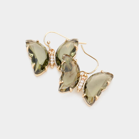 Olive Green Lucite Butterfly Dangle Earrings