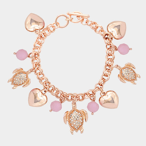 Rose Gold Rhinestone Heart Turtle Charm Toggle Bracelet