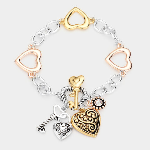 Three Tone Heart Key Lock Charm Toggle Bracelet