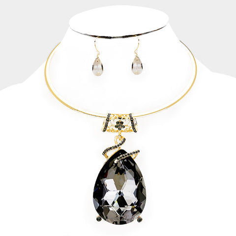 Chunky Black Diamond Glass Crystal Teardrop Choker Necklace Set