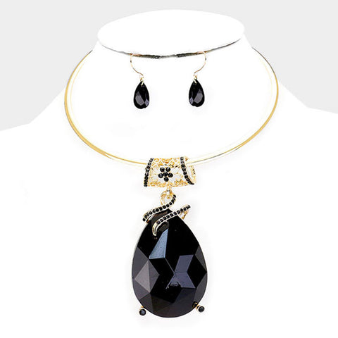 Chunky Black Glass Crystal Teardrop Choker Necklace Set