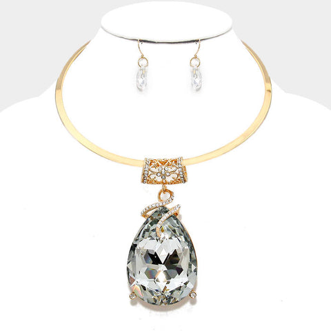 Chunky Diamond Glass Crystal Teardrop Choker Necklace Set