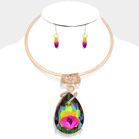 Chunky Vitrail Glass Crystal Teardrop Choker Necklace Set