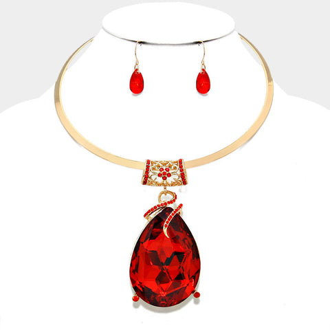Chunky Ruby Red Glass Crystal Teardrop Choker Necklace Set