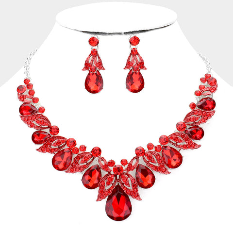 Ruby Red Teardrop Accented Evening Necklace Set