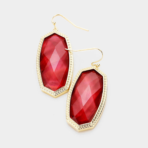 Ruby Red Hexagon Stone Dangle Earrings