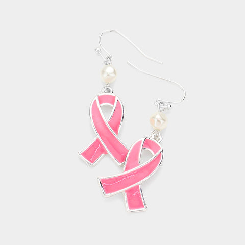 Pearl Pink Ribbon Earrings