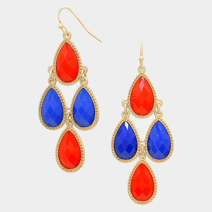 Dazzling Red-Blue Teardrop Chandelier Fashion Earrings - Bedazzled By Jeanelle