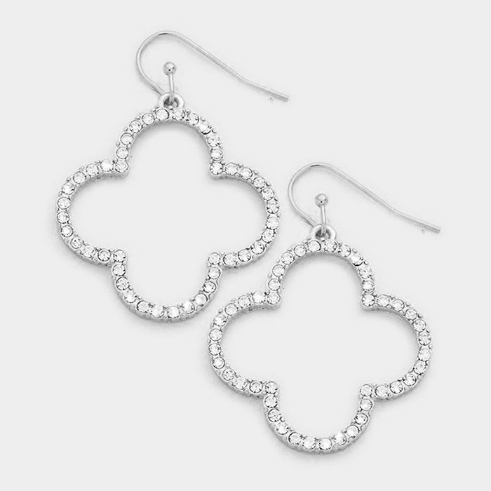 Silver Rhinestone Quatrefoil Clover Earrings