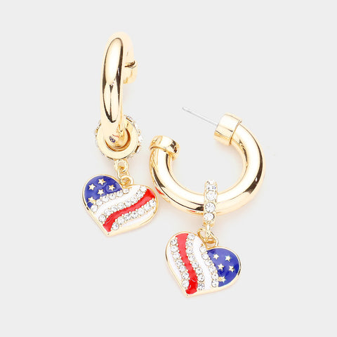 American Flag Hoop Heart Dangle Earrings