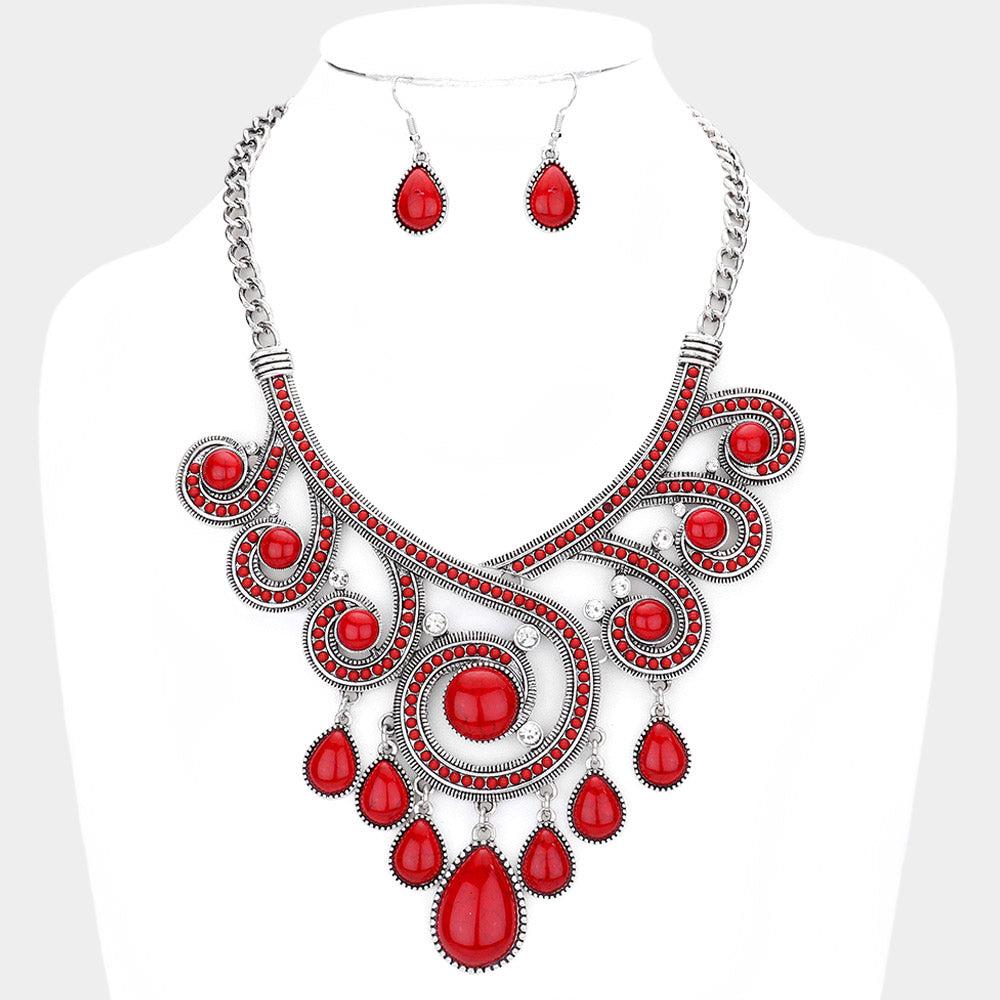Red Velvet Natural Stone Statement Necklace Set