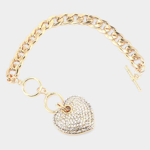 Golden White Rhinestone Embellished Heart Charm Toggle Bracelet