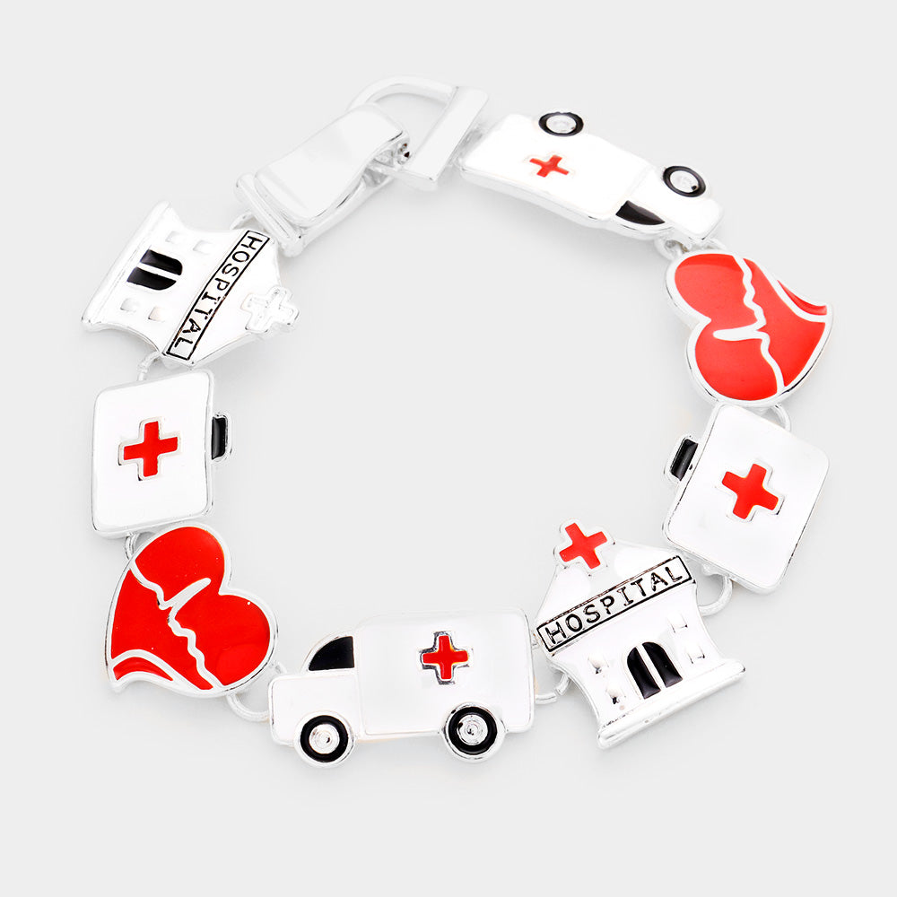 Hospital Red Cross Silver Enamel Bracelet