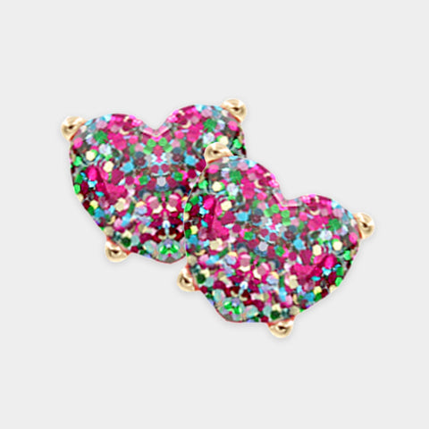 Multi-Color Glittered Heart Stud Earrings