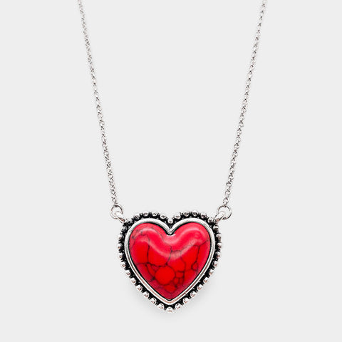 Coral Heart Natural Stone Pendant Necklace
