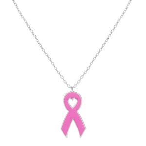 White Gold Dipped Enamel Pink Ribbon Pendant Necklace