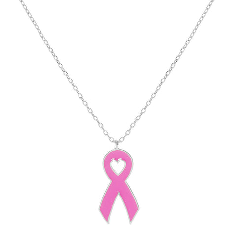 White Gold Dipped Enamel Pink Ribbon Pendant Necklace