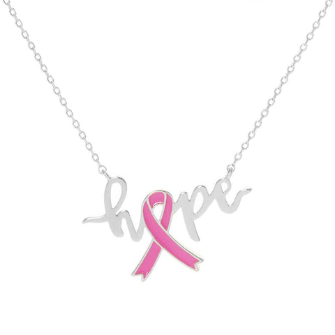 White Gold Dipped Pink Ribbon Hope Pendant Necklace
