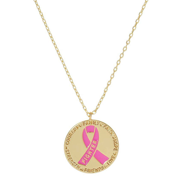 Gold Dipped Pink Ribbon Metal Pendant Necklace