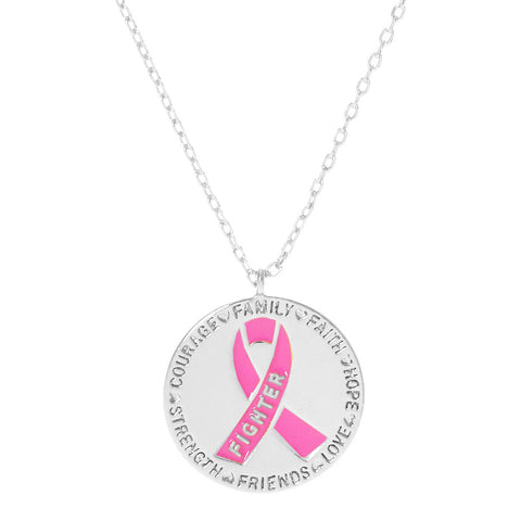 White Gold Dipped Pink Ribbon Metal Pendant Necklace