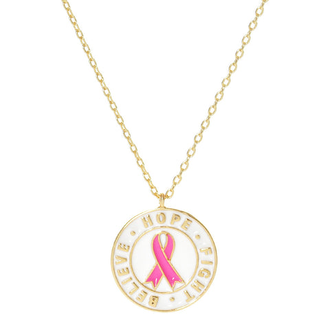 Gold Dipped Pink Ribbon Metal Pendant Necklace