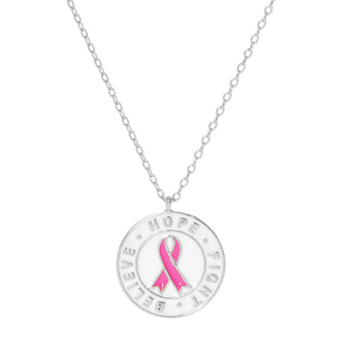 White Gold Dipped Pink Ribbon Metal Pendant Necklace