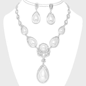 Pearl Teardrop Flower Crystal Evening Statement Necklace Set - Bedazzled By Jeanelle