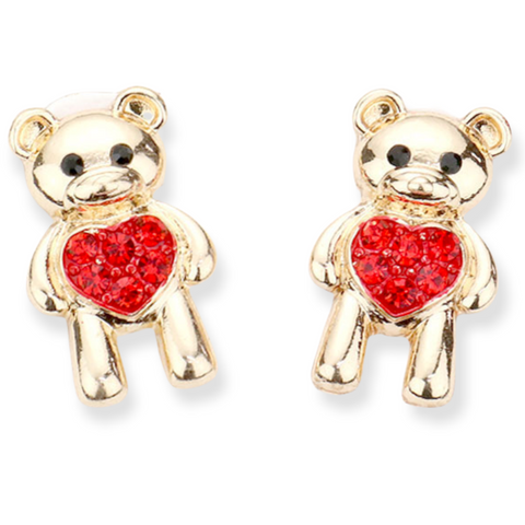 Rhinestone Bear Heart Enamel Earrings