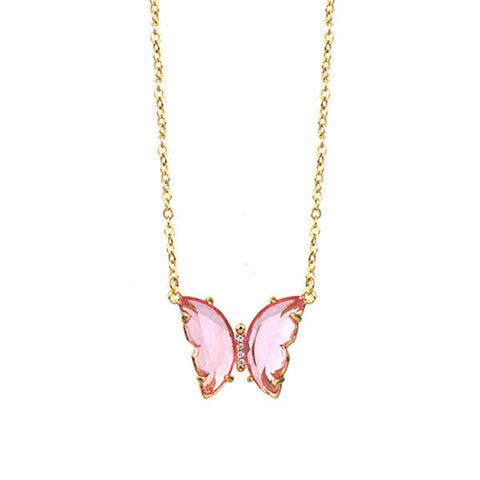 Rose Pink Glass Butterfly Necklace