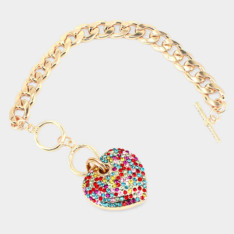 Rhinestone Embellished Heart Charm Toggle Bracelet