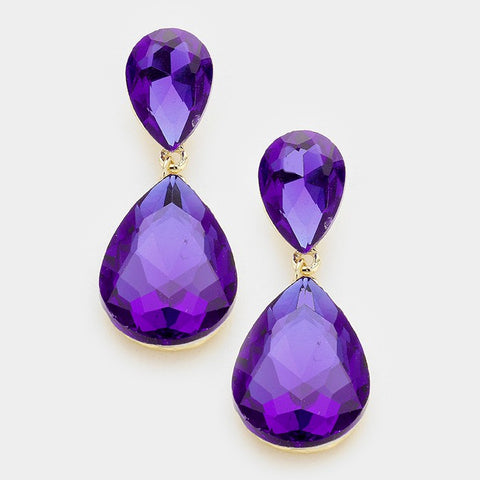 Formal Violet Purple Crystal Double Teardrop Dangle Earrings