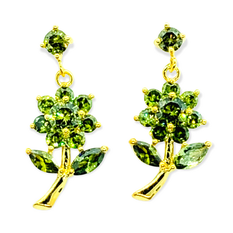 Gold Olive Cubic Zirconia Rose Drop Earrings